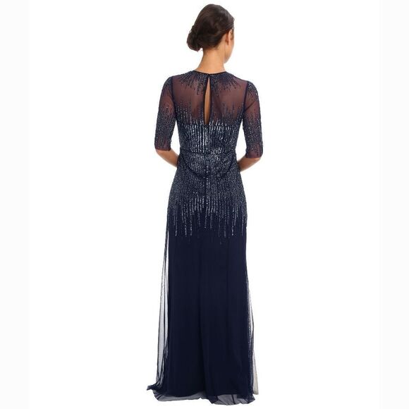New! ADRIANNA PAPELL Women's Sequined Beaded Mesh Gown Dress Navy Blue Size 6 - Picture 2 of 7